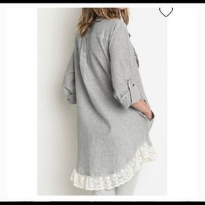 Umgee Striped Button Down Tunic Lace Trim XL